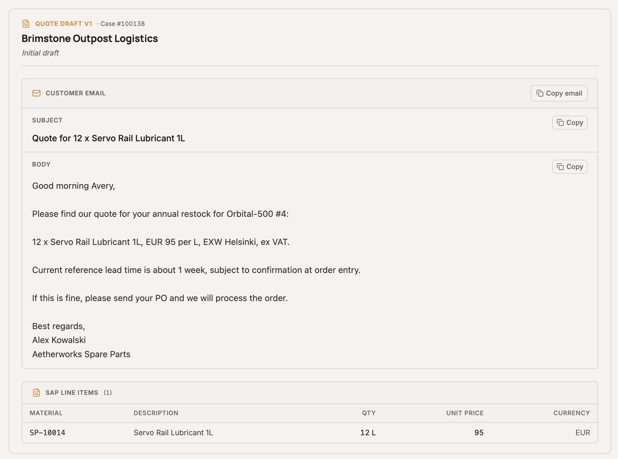 Generated quote draft with customer email body and SAP line items
